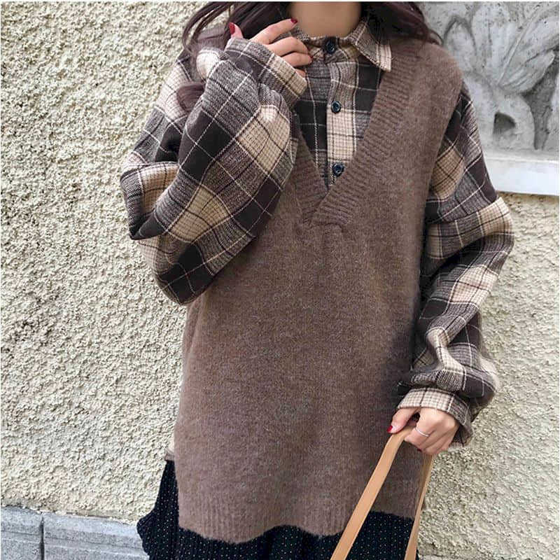 fall lazy knitted vest women plaid shirt loose two-piece Korean version the V-neck sleeveless pullover sweater outer wear 210526