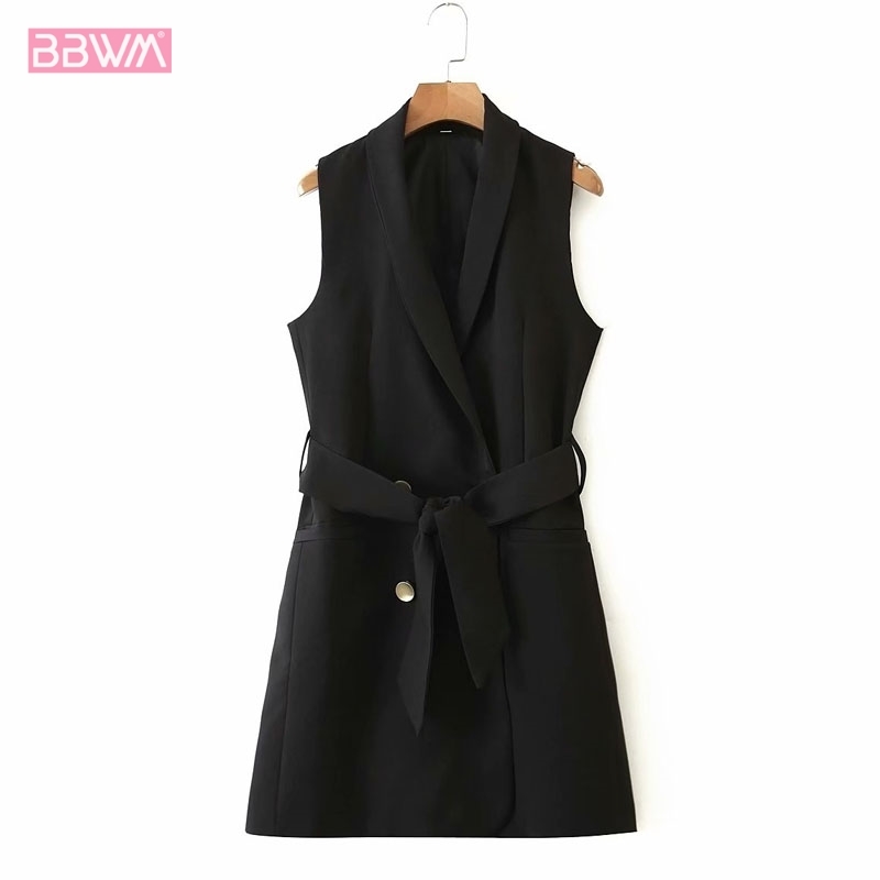 Black Lapel Sleeveless with Belt Chic Women's Vest Double-breasted Fashionable Casual Vacation Female Vest 210507