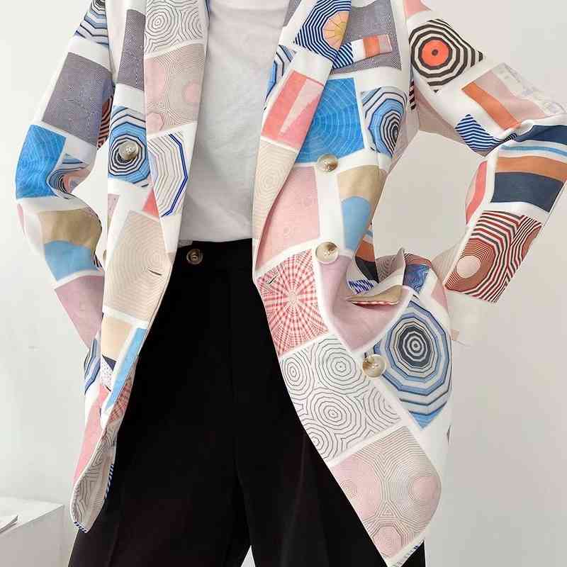 elegant women plaid blazer fashion geometric print jackets casual female slim long suits girls chic sets 210430