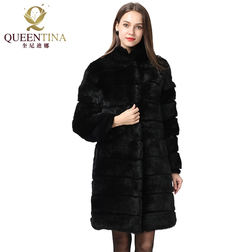 Winter Real Rabbit Fur Coat Stand Collar Thick Soft Warm Natural Fur Long Jacket Women Outwear Full Pelt Fur Coats 211123