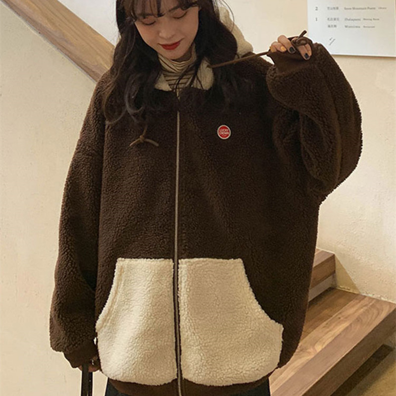 2colors korean style Women Winter Hoodie Coats Warm Zipper Jacket Casual Clothing lamb fur thick warm Coat womens (X1215) 210423