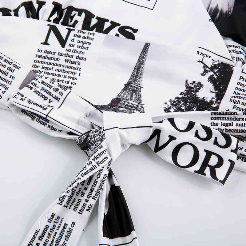 Rockmore Newspaper Letter Print Women T Shirt Deep V-neck Sexy Tees Shirts Long Sleeve Crop Top Streetwear Basic Tshirt Womens 210406