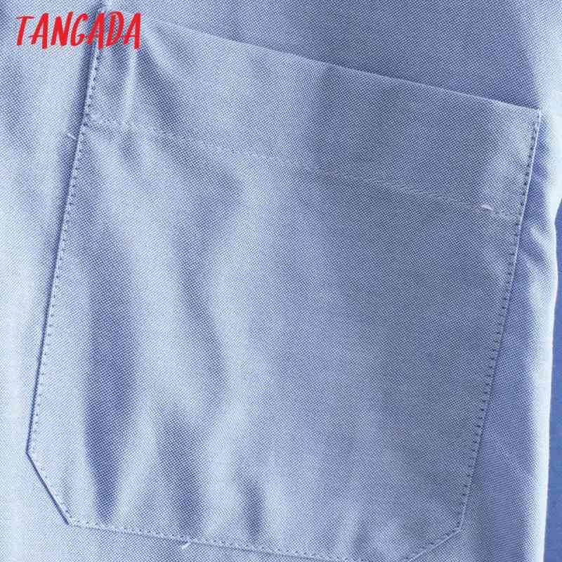 Women Blue Pocket Patch Crop Blouse Femme Split Long Sleeve Short Shirt Chic Tops XN319 210416