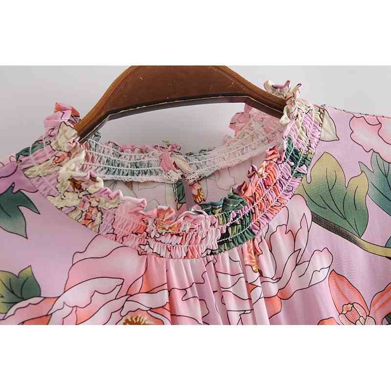 Bohemia Elastic Ruched Turtleneck Pink Floral Print Swing Long Dress Hippie Women Stretch Waist Midi Dresses Holiday Autumn 210429