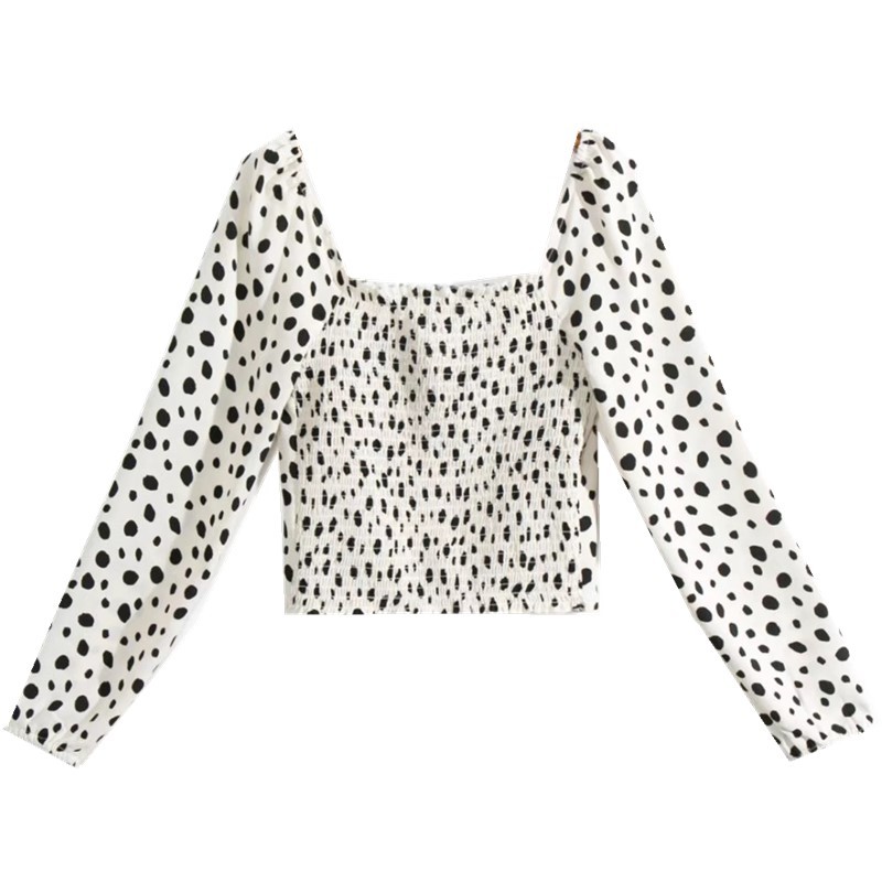 Vintage France Retro Long Puff Sleeve Leopard Print Shirt Women Slim Waist Short Blouse Cropped Girl's Tops 210429