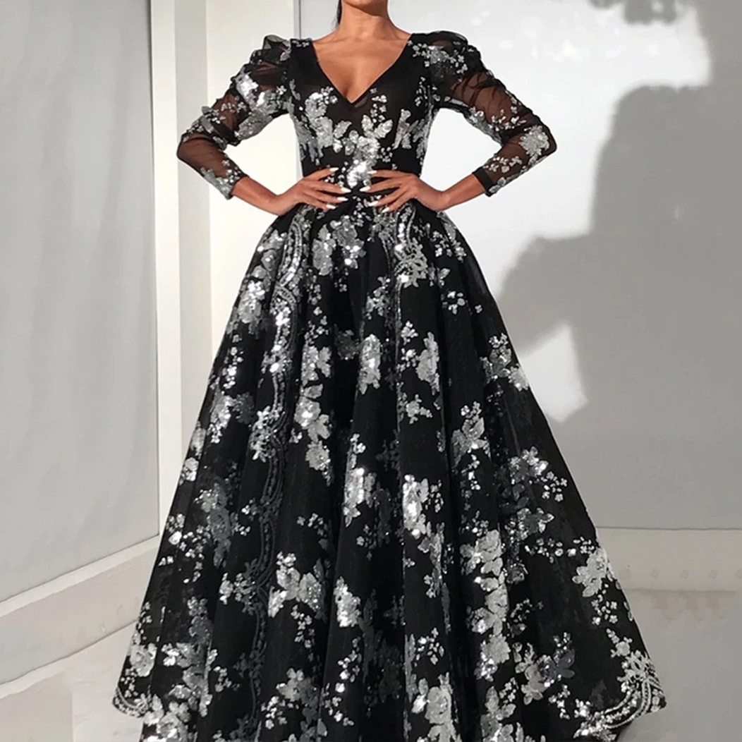 New Arrival Baby Blue Sexy Reflectiv Prom Dresses long sleeves Sequined long formal Ruffles Prom Dress Formal Dress Evening Gowns