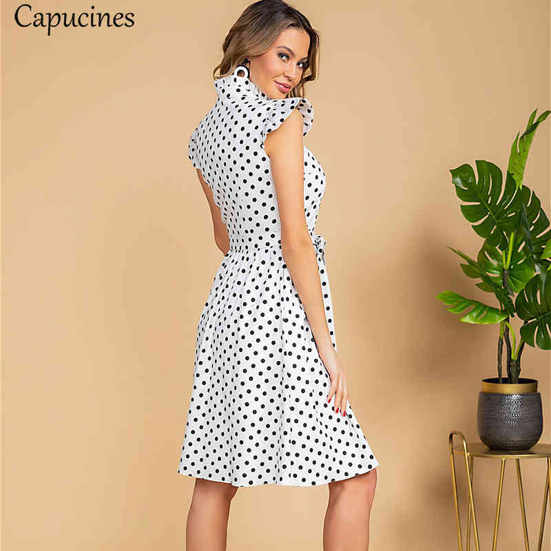 Capucines Ladies Vintage Ruffles Stand Collar Summer Dress Polka Dot Print Single Breasted Sashes A line Mini Dresses For Women 210409