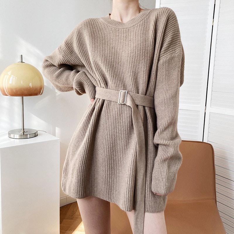 Casual Dresses Solid Knitted Women Pullover Sweater Dress Long Sleeve Chic Belt Loose Elegant Mini For Female Winter Thick Lady, Black
Casual Dresses Solid Knitted Women Pullover Sweater Dress Long Sleeve Chic Belt Loose Elegant Mini For Female Winter Thick Lady, Black