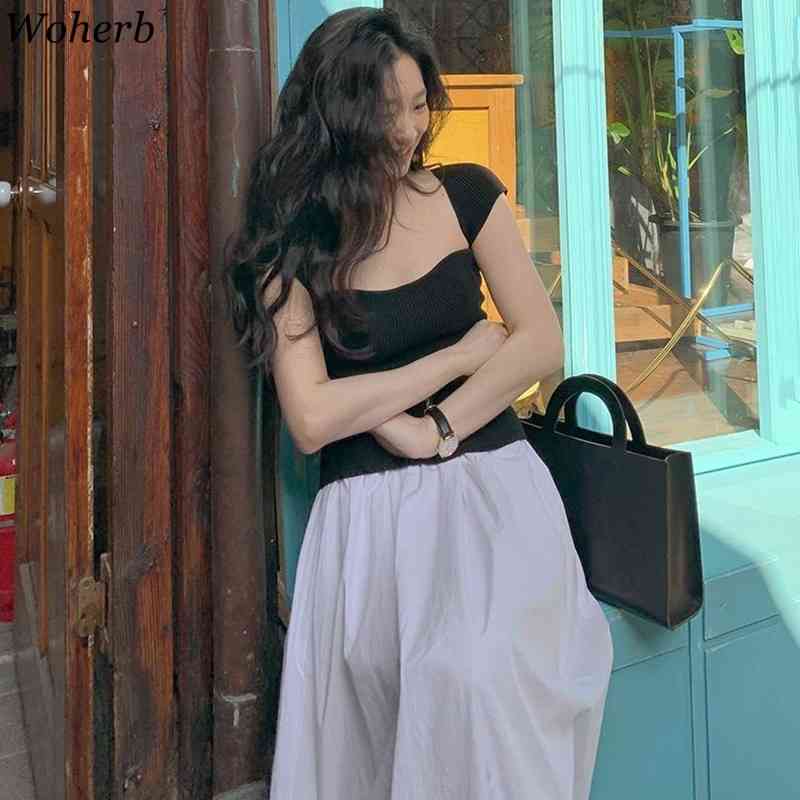 Knitted Women T Shirts Sexy Crop Top White Slim Thin Knitwear Tees Korean Elegant Casual Stretch Chic Tshirts 210519
