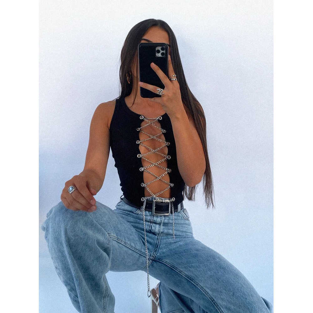 Women Cross Over Metal Chain Crop Top Sleeveless Casual Fashion Sexy Chic Lady Woman Camisole Tank Top 210709