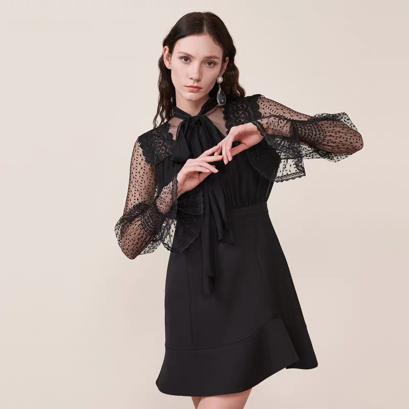 Party Black Bacless Dress Women Bow Collar Lace Poka Dot Patchwork Flare Sleeve Ruffle Robe Mini Vestido 210421