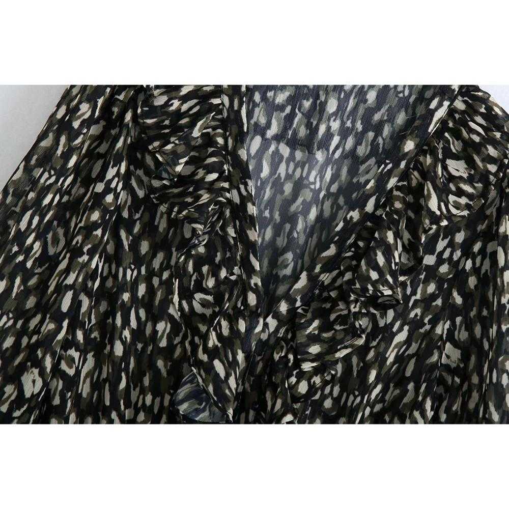 Women Dress Animal Printed V-neck Long Sleeves Smocked Elastic Waist Ruffle trims Mini Dress vestidos femme robe 210709