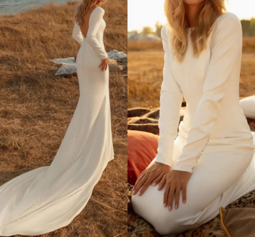 Simple Backless Mermaid Wedding Dresses Satin Long Sleeve Country Plus Size with Buttons Bridal Gown Vestidos De Novia Custom Made 2022 robe de mariag