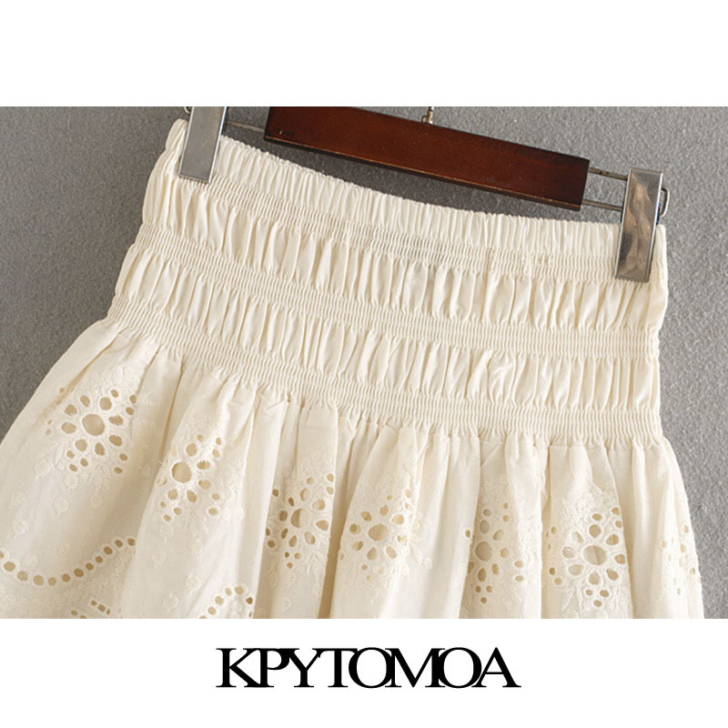 Women Chic Fashion Cutwork Embroidery Mini Skirt Vintage High Elastic Waist Ruffled Female Skirts Faldas Mujer 210416