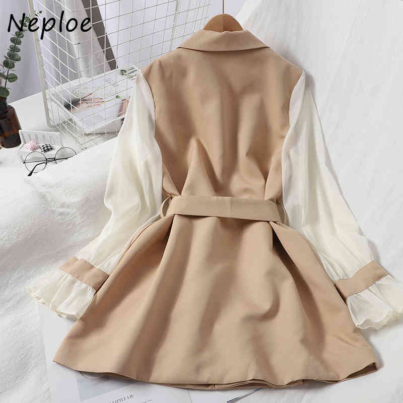 Neploe Women Dress Autumn Fashion Patchwork Chiffon Long Sleeve Sashes Temperament Notched Collar Korean Gentleness Dresses 210422