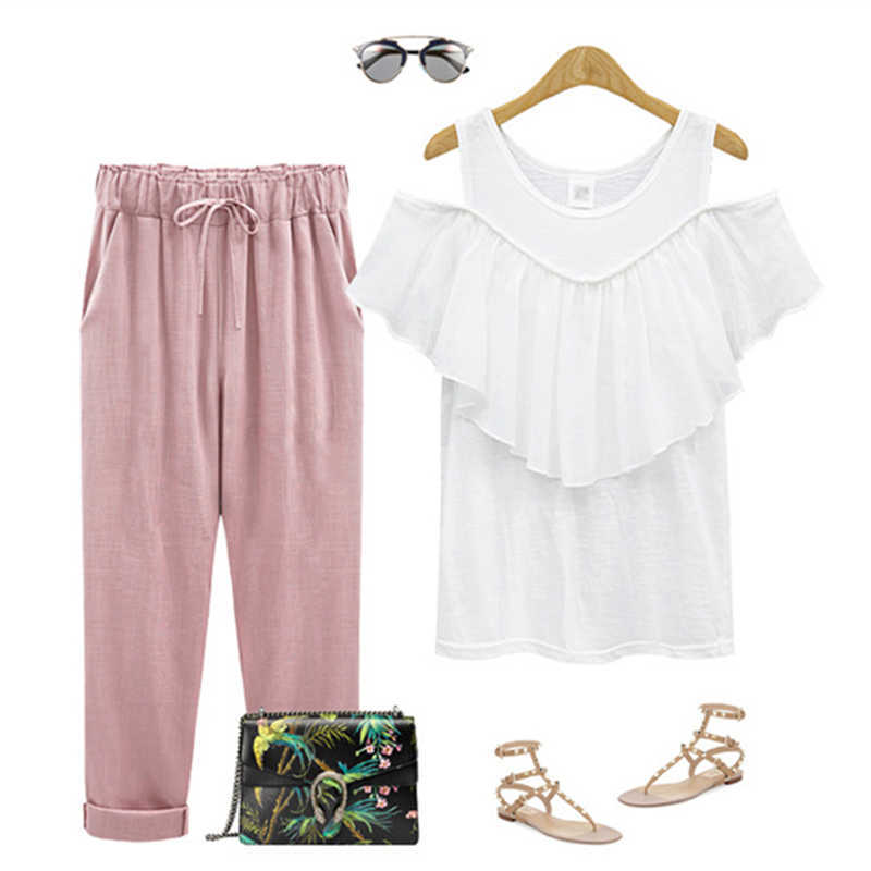 Cotton Linen Pants Elastic high Waist Ankle Length Casual Women Loose spring pants 211006