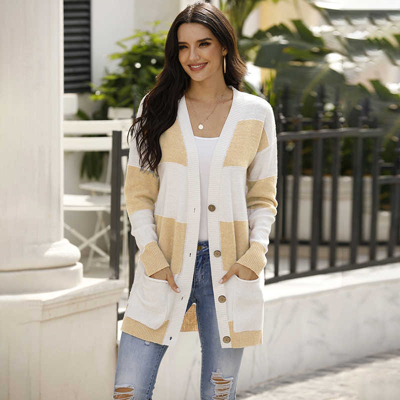 Korean Winter Ladies Khaki Striped Patchwork Female Cardigans Long Sigle Breasted Sweaters Womens V-Neck Pockets Casual Sweater 210604