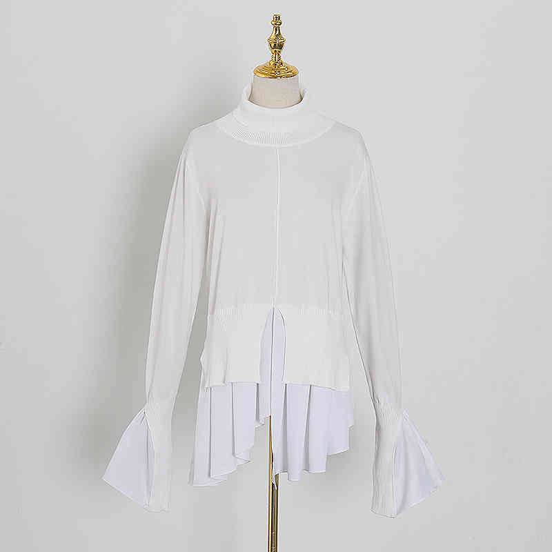 VGH Splicing Pleated Sweater For Women Turtleneck Flare Sleeve Casual Knitting Pullovers Female Fashion New Clothing Autumn 210421