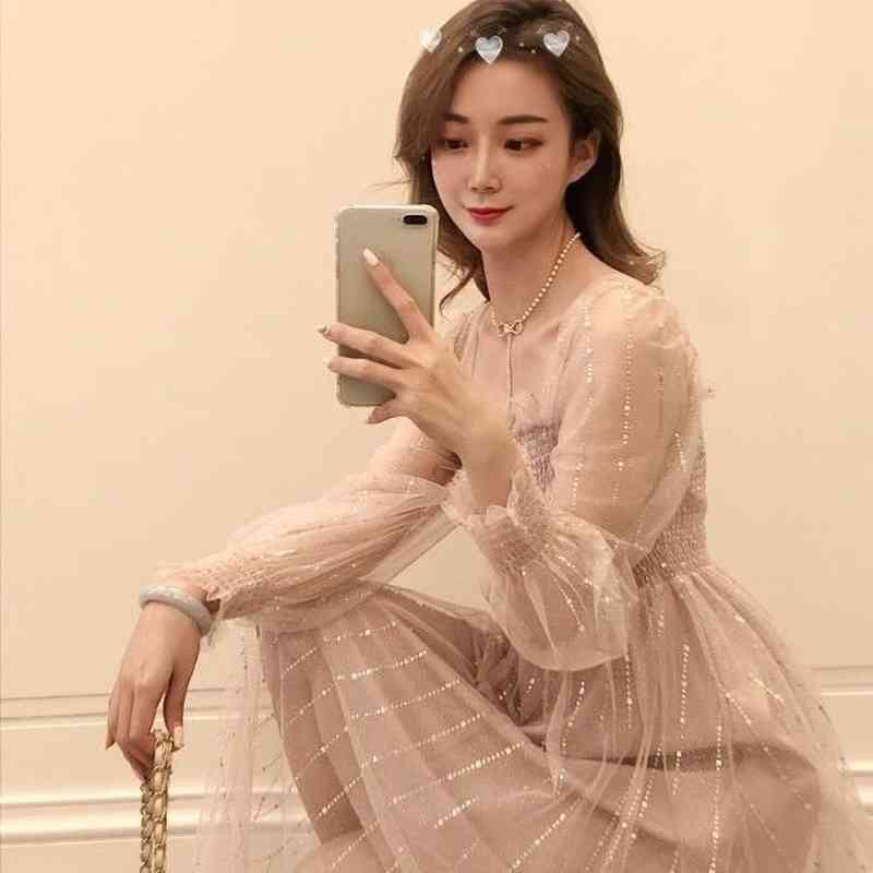Neploe Summer Elegant Dress Women Sequin Spotted Sweet Princess Gauze Vintage Midi Vestidos Female Pleated Slim Holiday Dresses 210422