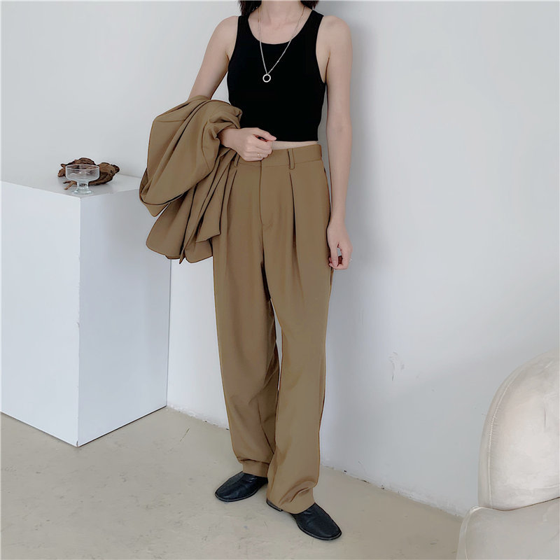 OL Elegant Office Lady Loose Women Blazers+Stylish High Waist Straight Solid Pants Suits All Match 2 Piece Sets 210421