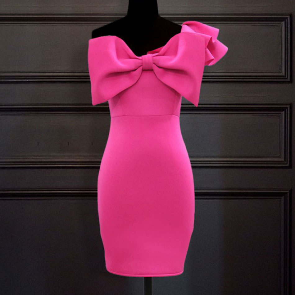 Free Summer Women Bowknot Dress Sexy One Shoulder Ruffle Sleeve Bodycon Club Runway Party Vestidos 210524