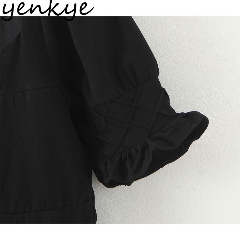 YENKYE Fashion Women Vintage Black Dress Female Sexy V Neck Short Sleeve A-line Mini Elegant Lady Dresses Summer Robe 210515