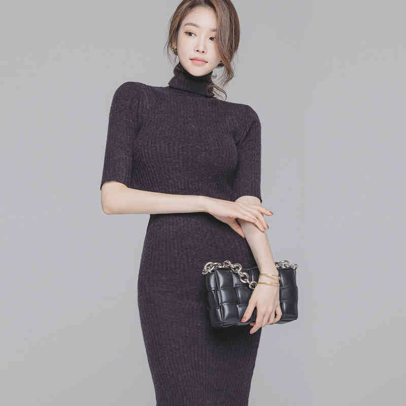 Winter Korean Chic Style Temperament Slim Long Dresses Turtleneck Bag Hip Sexy Split Vestido Da Festa 210520