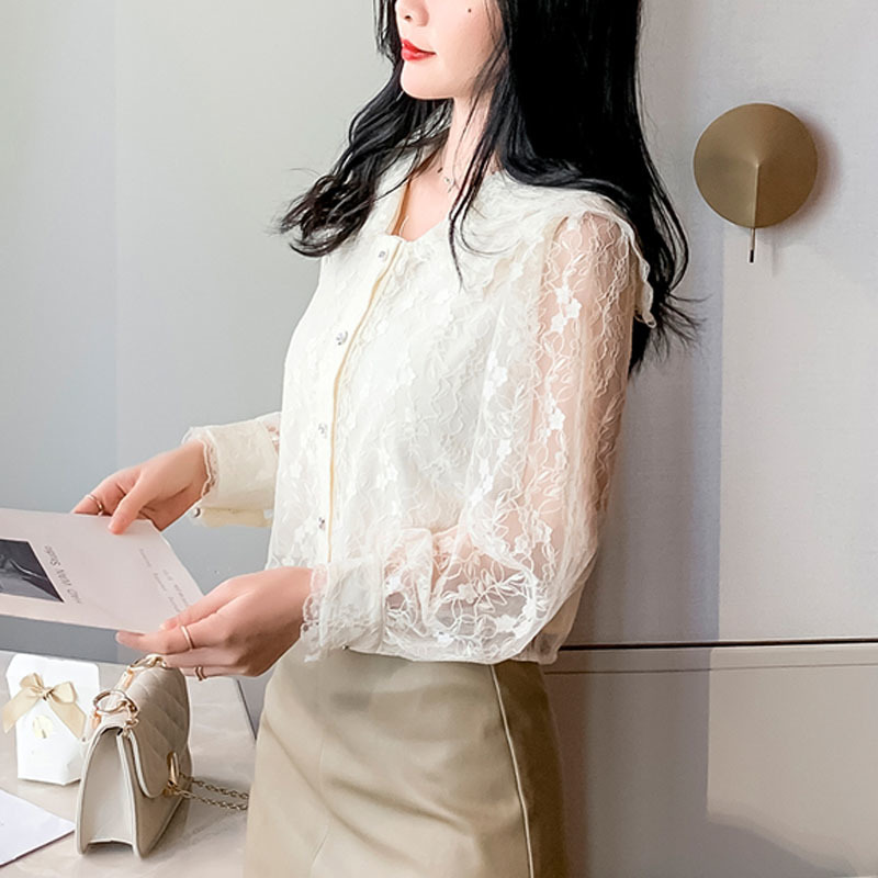 Spring Mesh Hollow Out Blouses Embroidered Lace Up Top French Style Sweet Shirt Women Fashion V-neck Collar Tops 13212 210427