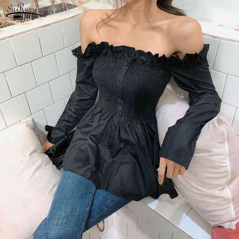 Spring Solid Color Pleated Button Sexy Off Shoulder Blouse Women Retro Hong Kong-style Ruffled Strapless Shirt Black Tops 13303 210521
Spring Solid Color Pleated Button Sexy Off Shoulder Blouse Women Retro Hong Kong-style Ruffled Strapless Shirt Black Tops 13303 210521