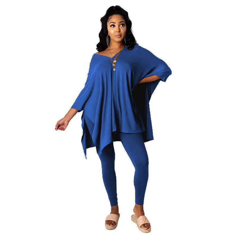 Designers Women Clothes pants 2023 autumn and winter solid color slotted V-neck bat sleeve two piece set