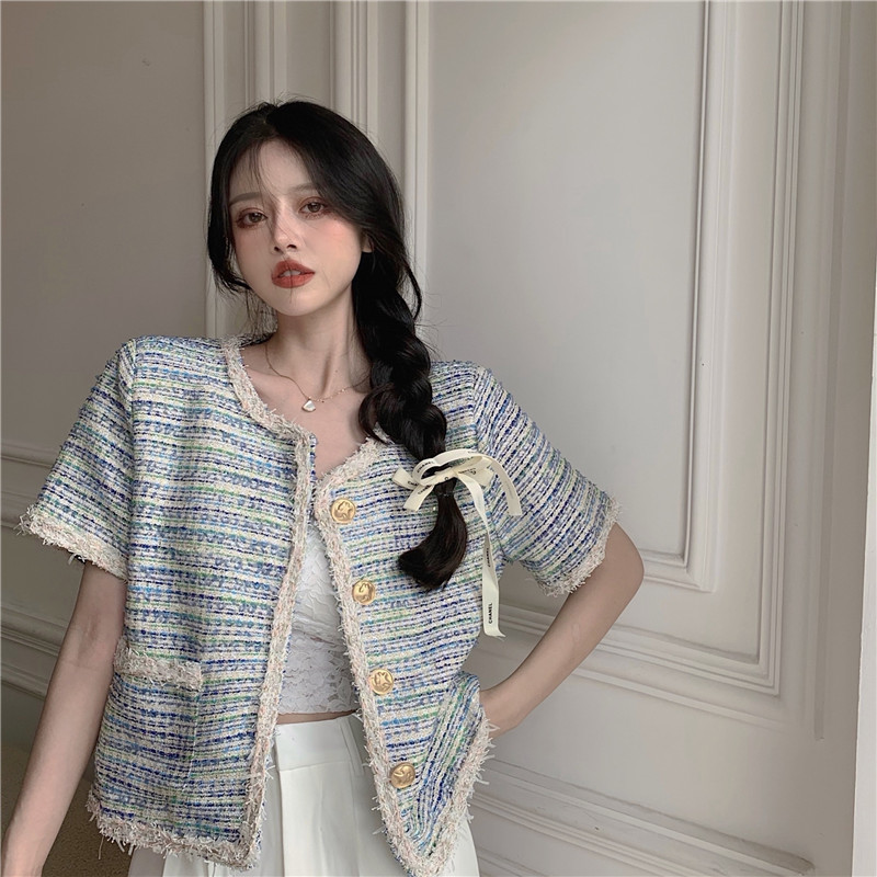 Tweed Summer Short Sleeve Women Coat Elegant Causal Cardigan Jacket Korean Single Breasted Outwear 210519