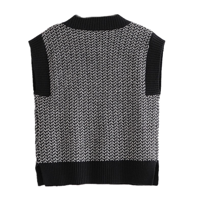 Preppy Style Check Plaid Knitted Sweater Vest Women Vintage Korean Clothing V Neck Hem Slit Sleeveless Jumper Y2K Knitwear 210429
