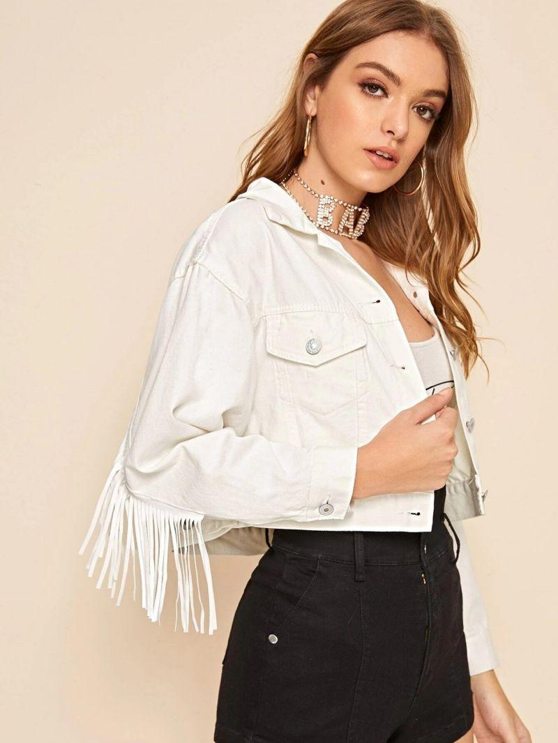 Women White Tassel Short Jackets Denim Spring Ladies Solid Fringed Casual Coat Style Tops Y2K Women039s
