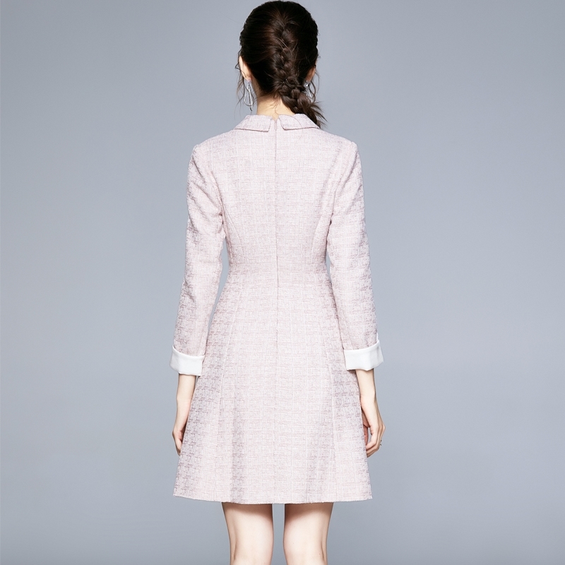 Women Tweed Notched Long Sleeve Double Breasted Pleated Slim Mini Dress Autumn And Winter Lady Vestido Da Festa 210520