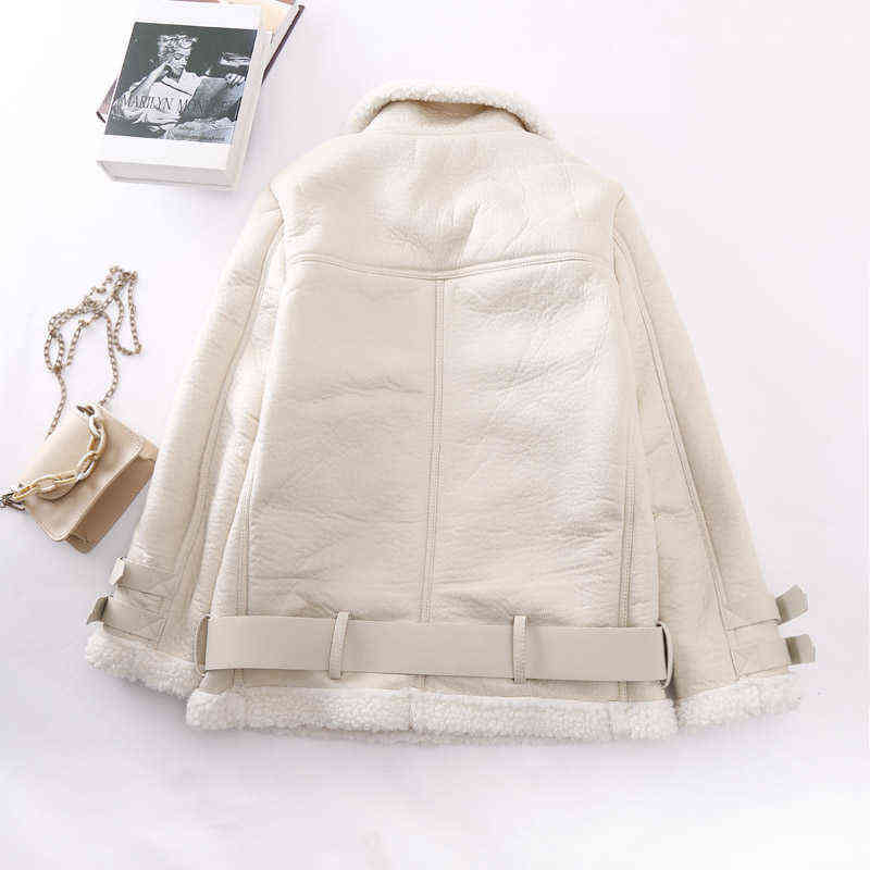 Aibeauty Lamb Fur Belt Women's Coat Female Tops Thicken Warm Motorcycle Lapel Long Sleeve Women Jacket 211130