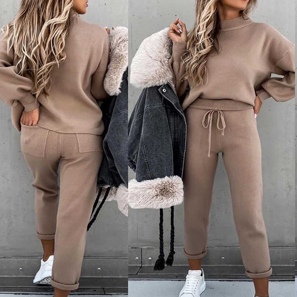 Tracksuit Women Autumn Winter Solid Color Clothing Set Fashion Turtleneck Warm Sweatshirt and Lace-up Pants Two Piece Set D30 Y0625