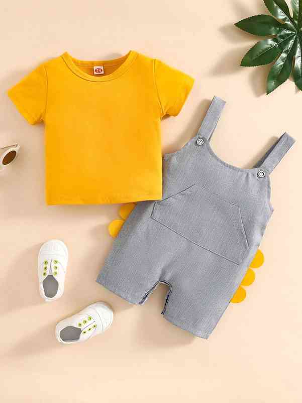 Baby Solid Tee & 3D Patched Kangaroo Pocket Overall Romper SHE
