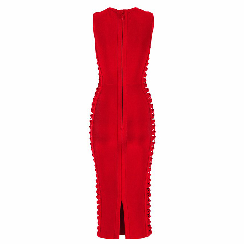 TWOTWINSTYLE Hollow Out Slim Dress For Women O Neck Sleeveless High Waist Midi Red Dresses Female Fashion Clothing Summer 210517