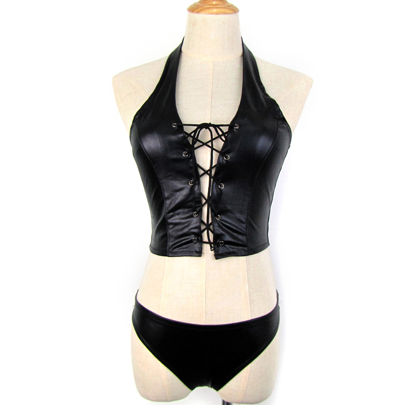 Women Leather Lingerie Set 2 Piece Sexy Bandage Clubwear Stripper Patent Leather Underwear Sexy Exotic Sets 210515