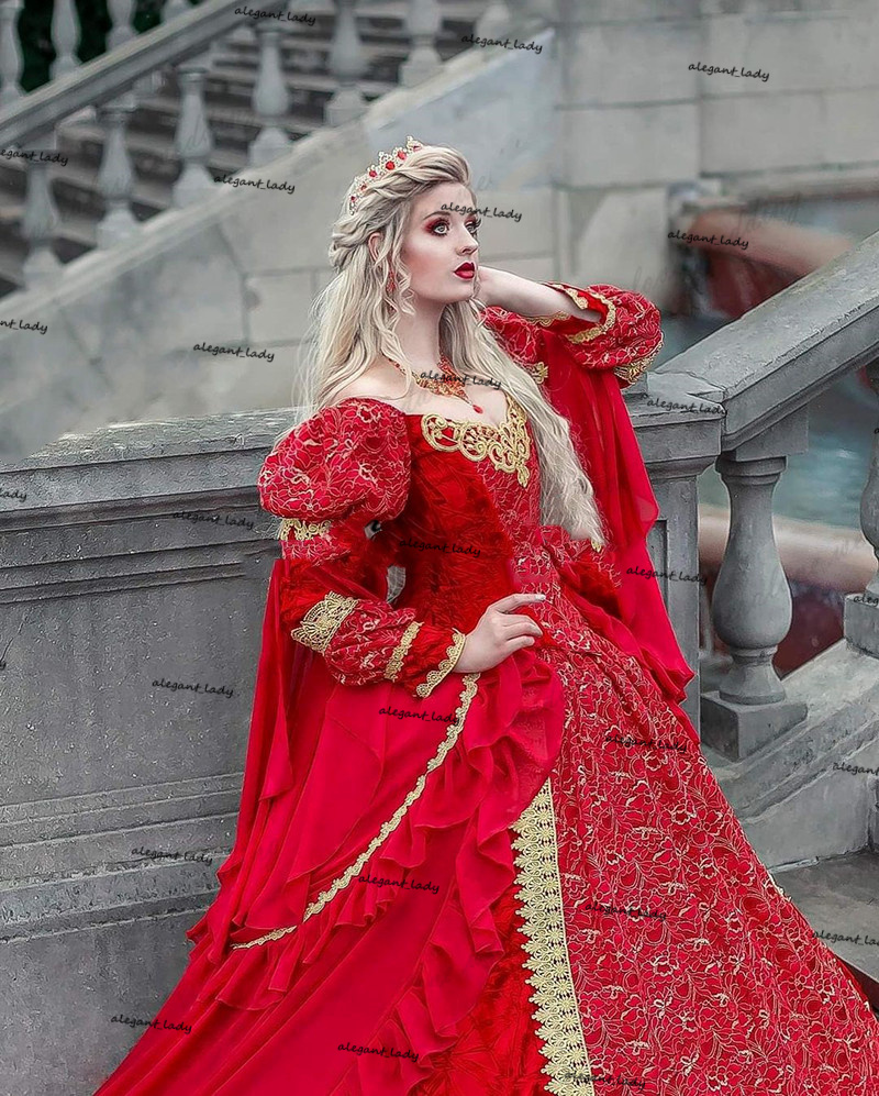 Vintage Medieval Fantasy Wedding Dresses with Long Sleeve Plus Size Lace-up Victorian Halloween Gothic Bridal Dress Robes Soiree