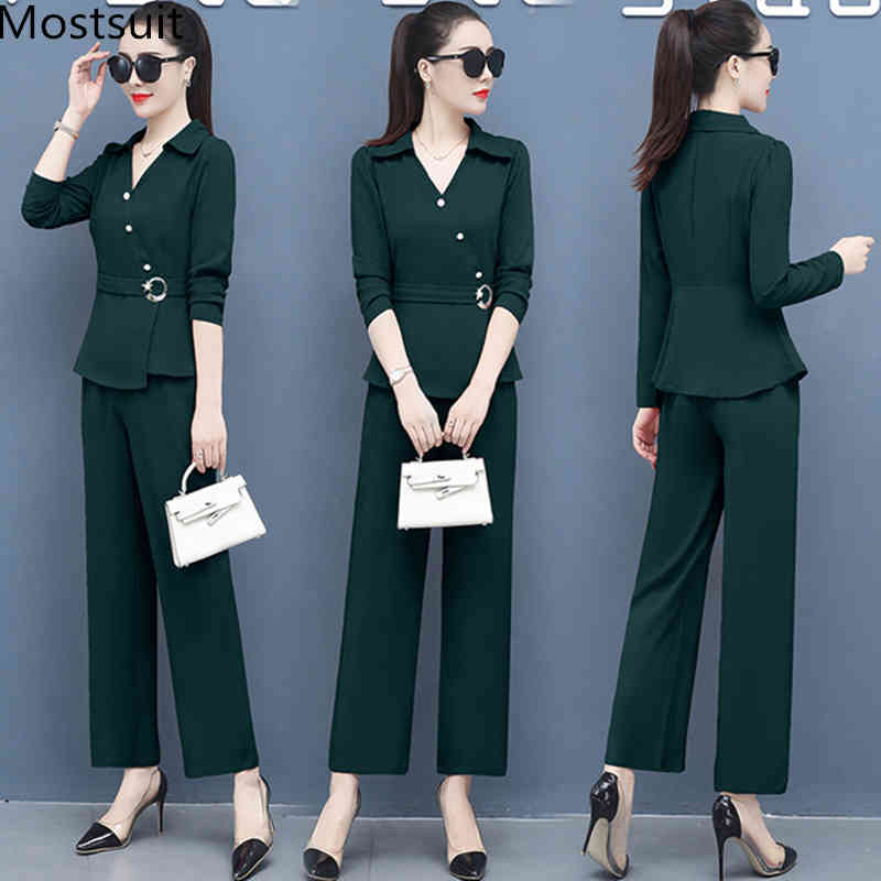 Autumn Two Piece Sets Outfits Women Plus Size V-neck Tunics Tops And Pants Suits Elegant Korean Office Women' Clothes 210518, Green
Autumn Two Piece Sets Outfits Women Plus Size V-neck Tunics Tops And Pants Suits Elegant Korean Office Women' Clothes 210518, Green