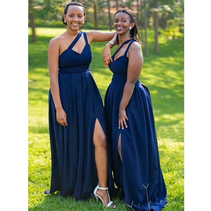Royal Blue Satin Bridesmaid Dresses Cut-out One Shoulder Side Slit Plus Size Long Prom Dress 2021 vestidos African Women Gown