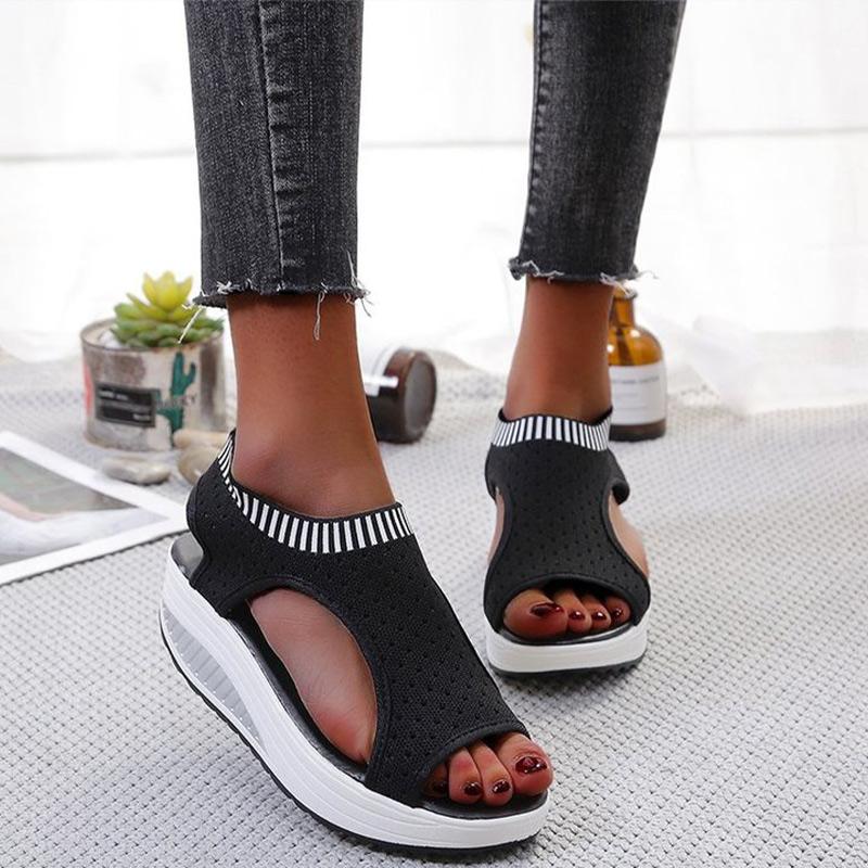Sandals Women Summer Slip On Wedges Platform Ladies Low Heels Open Toe Shoes Knitting Female Fashion Comfort Woman Footwear