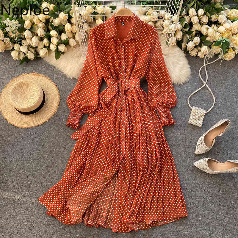 Neploe Korean Woman Dress Polka Dot Long Robe Lantren Sleeve Vestidos High Waist Lace Up Chiffon Pleated Women Clothes Dresses 210422