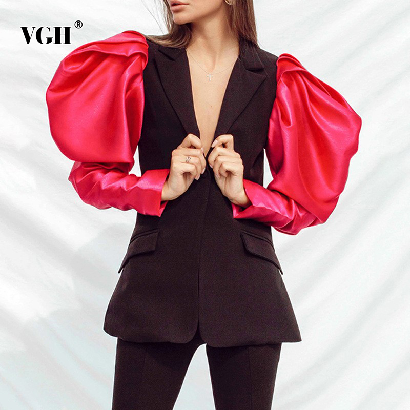 VGH Casual Splicing Women's Blazer Notched Puff Long Sleeve Tunic Hit Color Jacket Female Fashion New Clothing Tide Autumn 210421