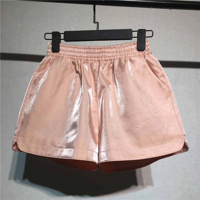 Spring Elastic High Waist Shorts Women Casual Streetwear Bright Silk Mini Hot Shorts Poket Sexy Mujer Wide Leg Shorts Summer 210408