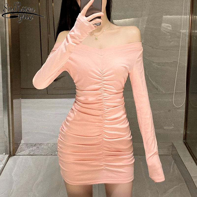 Spring Sexy V Collar Wrinkle Fold Thin Women's Dress Long Sleeve Solid Women High Waist Mini 12147 210427