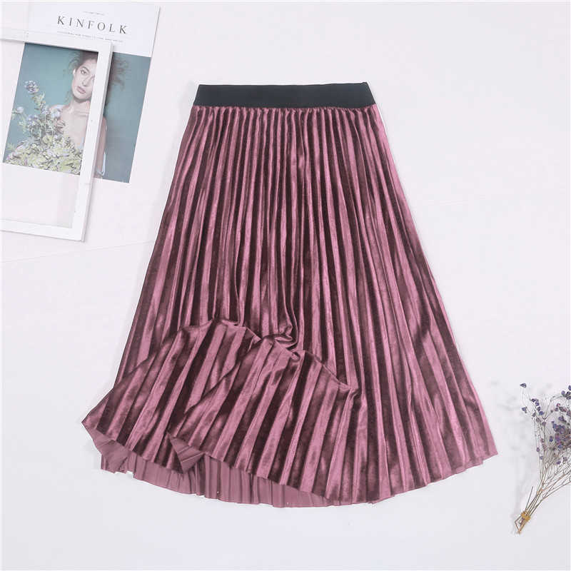 Ladies Vintage Autumn Winter Women Velvet Skirt High Waisted Elegant Sexy Skinny Black Pleated Skirts Female Maxi Womens 210619