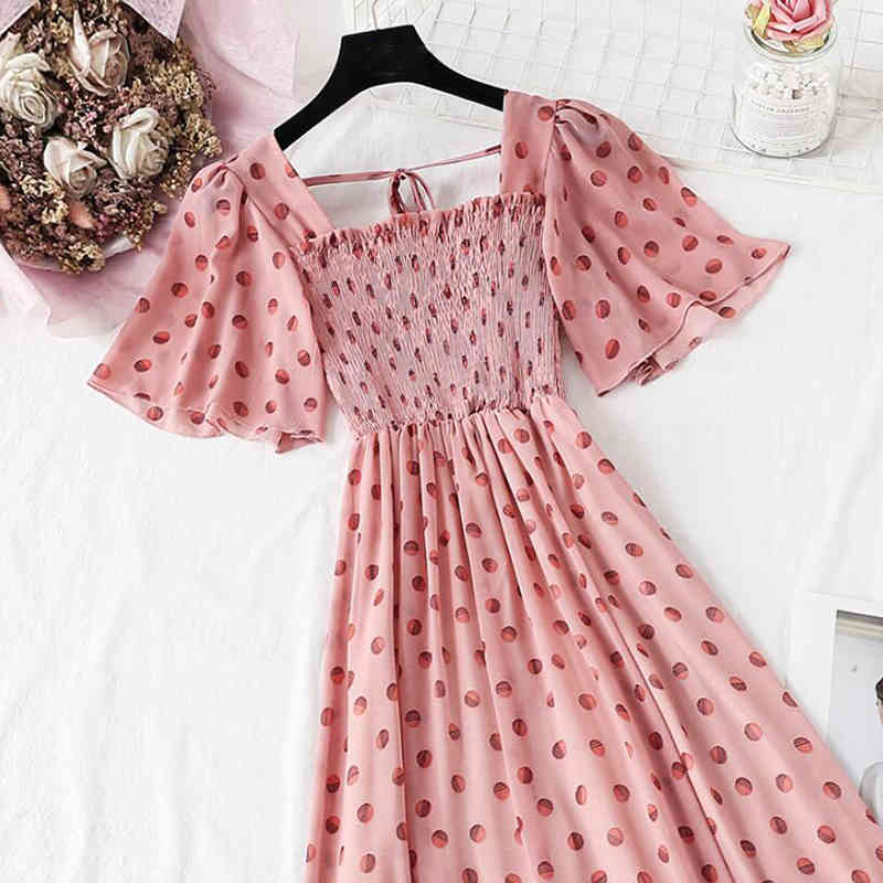 Summer Polka Dot Print Chiffon Dress Sweet Short Sleeve Ruffle Midi Dress Women Bohemia Elegant Pink Party Vestidos 210521