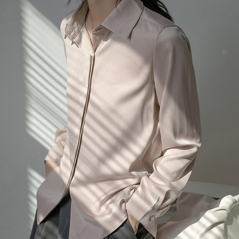Spring Autumn OL Elegant Minimalist Satin Career Suit Shirt Women Chiffon Blouses Loose Lapel Long Sleeve Tops 210421
